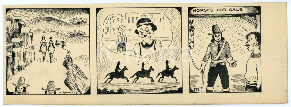 1940ca DRUMPIE'S DOLLE ADVENTUREN Comic strip 127 - A. REUVERS Original art RARE Striscia a fumetti d'epoca, originale e autentica. Disegno originale a china firmato A. Reuvers. EDITORE: Omnium PressCONDIZIONI: FAIRDIMENSIONI: 28x10 cm    originale e autentica 1