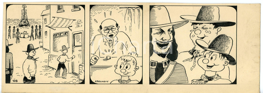 1940ca DRUMPIE'S DOLLE ADVENTUREN Comic strip 128 - A. REUVERS Original art RARE Striscia a fumetti d'epoca, originale e autentica. Disegno originale a china firmato A. Reuvers. EDITORE: Omnium PressCONDIZIONI: FAIRDIMENSIONI: 28x10 cm    originale e autentica 1