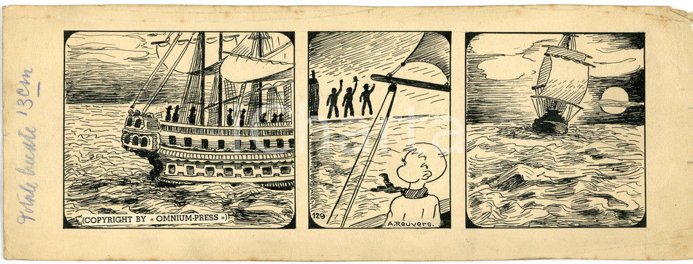 1940ca DRUMPIE'S DOLLE ADVENTUREN Comic strip 129 - A. REUVERS Original art RARE Striscia a fumetti d'epoca, originale e autentica. Disegno originale a china firmato A. Reuvers. EDITORE: Omnium PressCONDIZIONI: POOR (strappi ai margini, piegature diffuse, bruniture)DIMENSIONI: 30x11 cm    originale e autentica 1