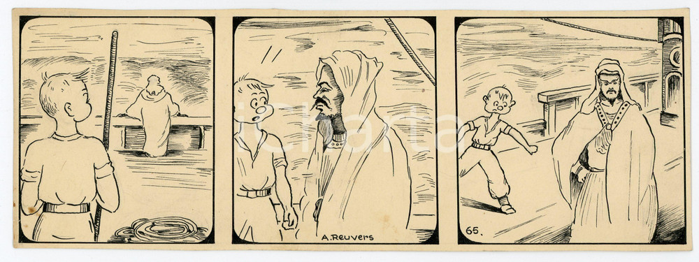 1940ca DRUMPIE'S DOLLE ADVENTUREN Comic strip 65 - A. REUVERS Original art RARE Striscia a fumetti d'epoca, originale e autentica. Disegno originale a china firmato A. Reuvers. EDITORE: Omnium PressCONDIZIONI: Fair (piegatura all'angolo inferiore sinistro)DIMENSIONI: 25x9 cm    originale e autentica 1
