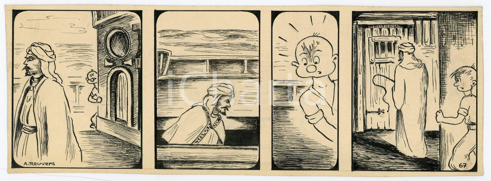 1940ca DRUMPIE'S DOLLE ADVENTUREN Comic strip 67 - A. REUVERS Original art RARE Striscia a fumetti d'epoca, originale e autentica. Disegno originale a china firmato A. Reuvers. EDITORE: Omnium PressCONDIZIONI: Fair (piegatura all'angolo inferiore sinistro)DIMENSIONI: 25x9 cm    originale e autentica 1