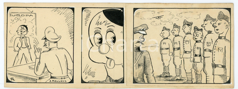 1940ca DRUMPIE'S DOLLE ADVENTUREN Comic strip 14 - A. REUVERS Original art RARE Striscia a fumetti d'epoca, originale e autentica. Disegno originale a china firmato A. Reuvers. EDITORE: Omnium PressCONDIZIONI: FAIRDIMENSIONI: 25x9 cm    originale e autentica 1
