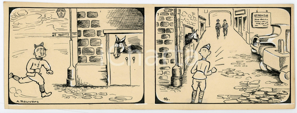 1940ca DRUMPIE'S DOLLE ADVENTUREN Comic strip 16 - A. REUVERS Original art RARE Striscia a fumetti d'epoca, originale e autentica. Disegno originale a china firmato A. Reuvers. EDITORE: Omnium PressCONDIZIONI: FAIRDIMENSIONI: 25x9 cm    originale e autentica 1