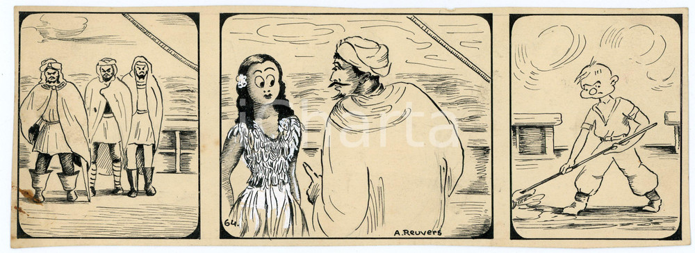 1940ca DRUMPIE'S DOLLE ADVENTUREN Comic strip 64 - A. REUVERS Original art RARE Striscia a fumetti d'epoca, originale e autentica. Disegno originale a china firmato A. Reuvers. EDITORE: Omnium PressCONDIZIONI: Fair (piegatura all'angolo inferiore sinistro)DIMENSIONI: 25x9 cm    originale e autentica 1