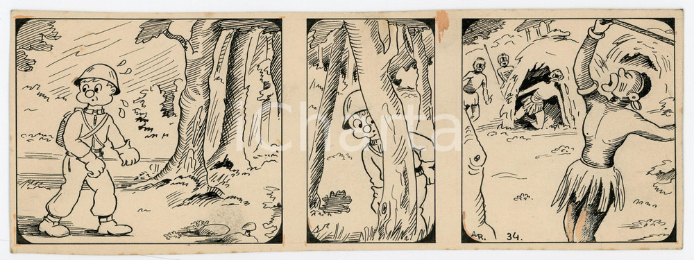 1940 DRUMPIE'S DOLLE ADVENTUREN Colonial comic strip 34 A. REUVERS Original art Striscia a fumetti d'epoca, originale e autentica. Disegno originale a china firmato A. Reuvers. EDITORE: Omnium PressCONDIZIONI: FAIRDIMENSIONI: 25x9 cm    originale e autentica 1