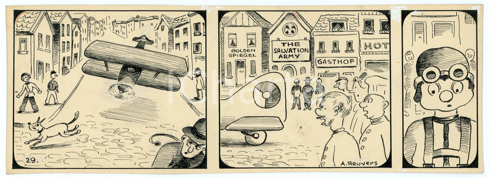 1940ca DRUMPIE'S DOLLE ADVENTUREN Comic strip 29 - A. REUVERS Original art RARE Striscia a fumetti d'epoca, originale e autentica. Disegno originale a china firmato A. Reuvers. EDITORE: Omnium PressCONDIZIONI: FAIRDIMENSIONI: 25x9 cm    originale e autentica 1