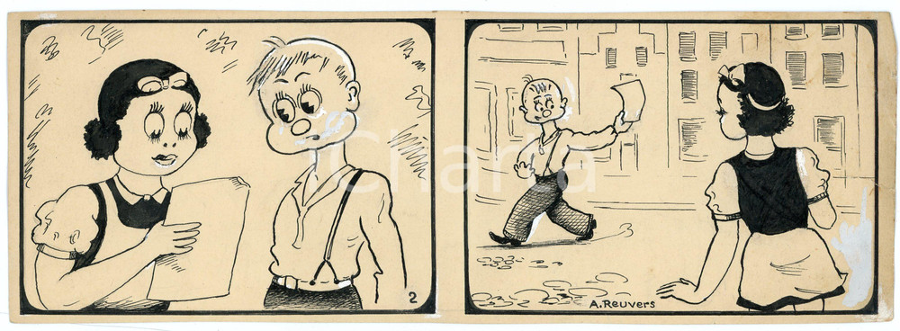 1940ca DRUMPIE'S DOLLE ADVENTUREN Comic strip 2 - A. REUVERS Original art RARE Striscia a fumetti d'epoca, originale e autentica. Disegno originale a china firmato A. Reuvers. EDITORE: Omnium PressCONDIZIONI: POOR (strappo e piegature al margine destro)DIMENSIONI: 25x9 cm    originale e autentica 1