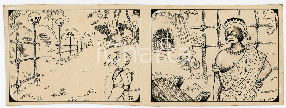 1940 DRUMPIE'S DOLLE ADVENTUREN Colonial comic strip 37 A. REUVERS Original art Striscia a fumetti d'epoca, originale e autentica. Disegno originale a china firmato A. Reuvers. EDITORE: Omnium PressEDITORE: Omnium PressCONDIZIONI: FAIRDIMENSIONI: 25x9 cm    originale e autentica 1