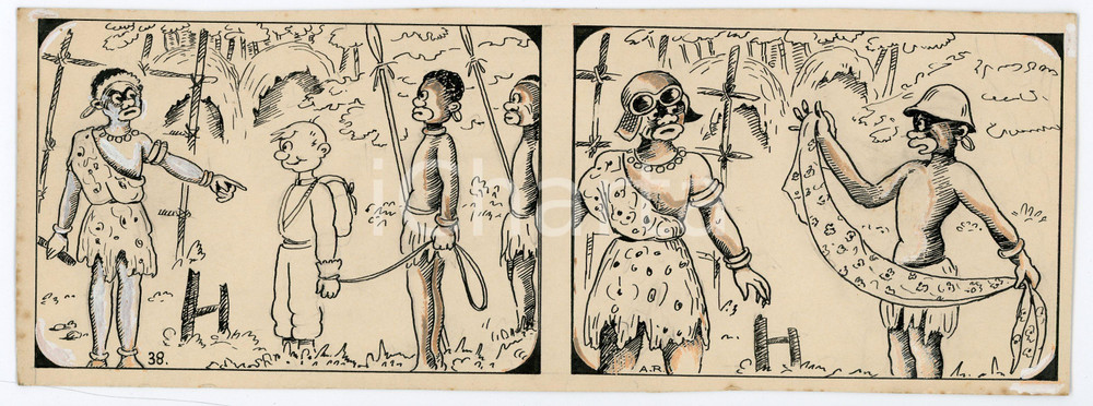 1940 DRUMPIE'S DOLLE ADVENTUREN Colonial comic strip 38 A. REUVERS Original art Striscia a fumetti d'epoca, originale e autentica. Disegno originale a china firmato A. Reuvers. EDITORE: Omnium PressCONDIZIONI: FAIRDIMENSIONI: 25x9 cm    originale e autentica 1