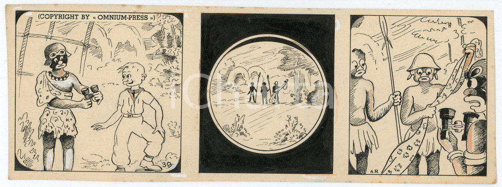 1940 DRUMPIE'S DOLLE ADVENTUREN Colonial comic strip 39 A. REUVERS Original art Striscia a fumetti d'epoca, originale e autentica. Disegno originale a china firmato A. Reuvers. EDITORE: Omnium PressCONDIZIONI: FAIRDIMENSIONI: 25x9 cm    originale e autentica 1