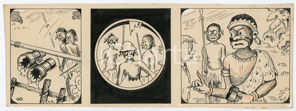 1940 DRUMPIE'S DOLLE ADVENTUREN Colonial comic strip 40 A. REUVERS Original art Striscia a fumetti d'epoca, originale e autentica. Disegno originale a china firmato A. Reuvers. EDITORE: Omnium PressCONDIZIONI: FAIRDIMENSIONI: 25x9 cm    originale e autentica 1