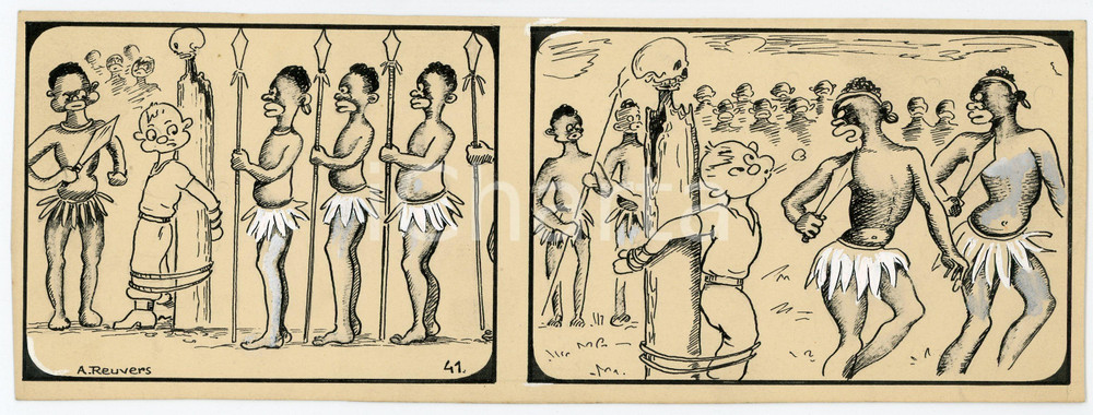 1940 DRUMPIE'S DOLLE ADVENTUREN Colonial comic strip 41 A. REUVERS Original art Striscia a fumetti d'epoca, originale e autentica. Disegno originale a china firmato A. Reuvers. EDITORE: Omnium PressCONDIZIONI: FAIRDIMENSIONI: 25x9 cm    originale e autentica 1
