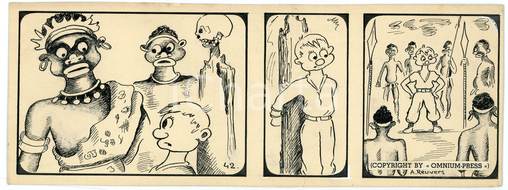 1940 DRUMPIE'S DOLLE ADVENTUREN Colonial comic strip 42 A. REUVERS Original art Striscia a fumetti d'epoca, originale e autentica. Disegno originale a china firmato A. Reuvers. EDITORE: Omnium PressCONDIZIONI: FAIRDIMENSIONI: 25x9 cm    originale e autentica 1