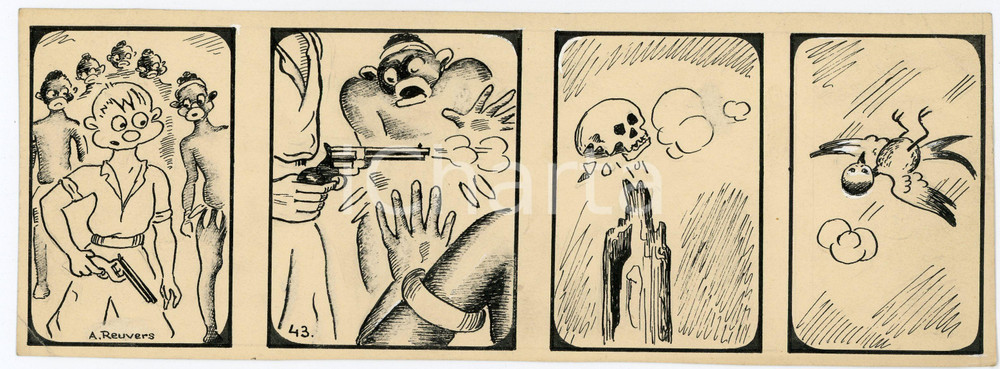 1940 DRUMPIE'S DOLLE ADVENTUREN Colonial comic strip 43 A. REUVERS Original art Striscia a fumetti d'epoca, originale e autentica. Disegno originale a china firmato A. Reuvers. EDITORE: Omnium PressCONDIZIONI: FAIR (piegatura all'angolo inferiore sinistro)DIMENSIONI: 25x9 cm    originale e autentica 1