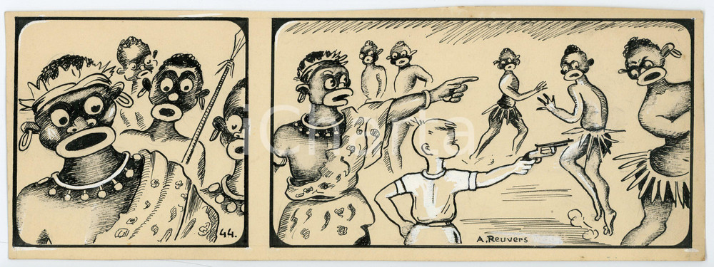 1940 DRUMPIE'S DOLLE ADVENTUREN Colonial comic strip 44 A. REUVERS Original art Striscia a fumetti d'epoca, originale e autentica. Disegno originale a china firmato A. Reuvers. EDITORE: Omnium PressCONDIZIONI: FAIRDIMENSIONI: 25x9 cm    originale e autentica 1