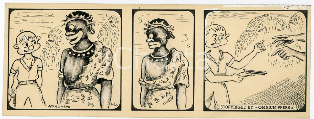 1940 DRUMPIE'S DOLLE ADVENTUREN Colonial comic strip 45 A. REUVERS Original art Striscia a fumetti d'epoca, originale e autentica. Disegno originale a china firmato A. Reuvers. EDITORE: Omnium PressCONDIZIONI: FAIRDIMENSIONI: 25x9 cm    originale e autentica 1