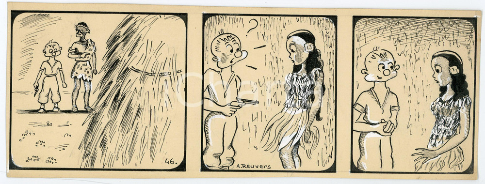 1940 DRUMPIE'S DOLLE ADVENTUREN Colonial comic strip 46 A. REUVERS Original art Striscia a fumetti d'epoca, originale e autentica. Disegno originale a china firmato A. Reuvers. EDITORE: Omnium PressCONDIZIONI: FAIRDIMENSIONI: 25x9 cm    originale e autentica 1