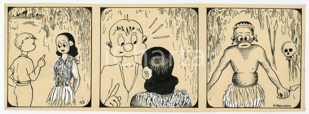 1940 DRUMPIE'S DOLLE ADVENTUREN Colonial comic strip 47 A. REUVERS Original art Striscia a fumetti d'epoca, originale e autentica. Disegno originale a china firmato A. Reuvers. EDITORE: Omnium PressCONDIZIONI: FAIRDIMENSIONI: 25x9 cm    originale e autentica 1