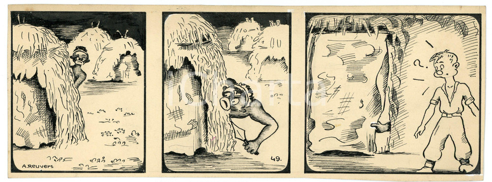 1940 DRUMPIE'S DOLLE ADVENTUREN Colonial comic strip 49 A. REUVERS Original art Striscia a fumetti d'epoca, originale e autentica. Disegno originale a china firmato A. Reuvers. EDITORE: Omnium PressCONDIZIONI: FAIRDIMENSIONI: 25x9 cm    originale e autentica 1
