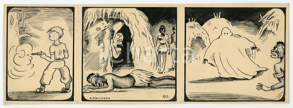 1940 DRUMPIE'S DOLLE ADVENTUREN Colonial comic strip 50 A. REUVERS Original art Striscia a fumetti d'epoca, originale e autentica. Disegno originale a china firmato A. Reuvers. EDITORE: Omnium PressCONDIZIONI: POOR (profonde piegature centrali)DIMENSIONI: 25x9 cm    originale e autentica 1