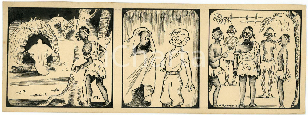1940 DRUMPIE'S DOLLE ADVENTUREN Colonial comic strip 51 A. REUVERS Original art Striscia a fumetti d'epoca, originale e autentica. Disegno originale a china firmato A. Reuvers. EDITORE: Omnium PressCONDIZIONI: FAIRDIMENSIONI: 25x9 cm    originale e autentica 1