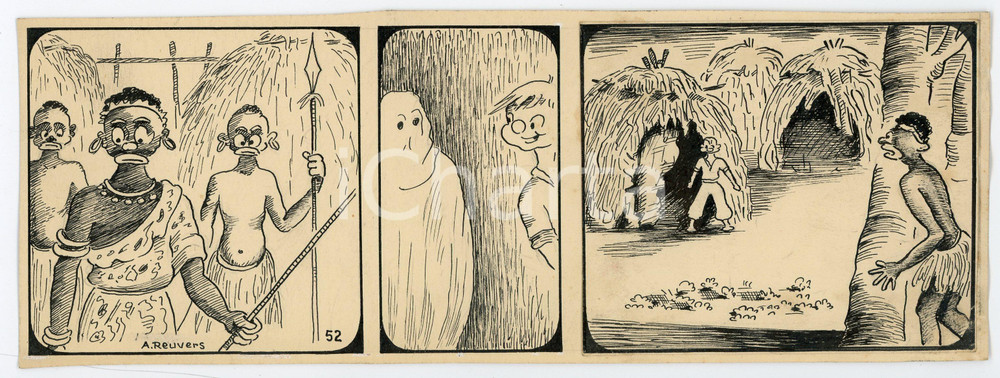 1940 DRUMPIE'S DOLLE ADVENTUREN Colonial comic strip 52 A. REUVERS Original art Striscia a fumetti d'epoca, originale e autentica. Disegno originale a china firmato A. Reuvers. EDITORE: Omnium PressCONDIZIONI: fairDIMENSIONI: 25x9 cm    originale e autentica 1