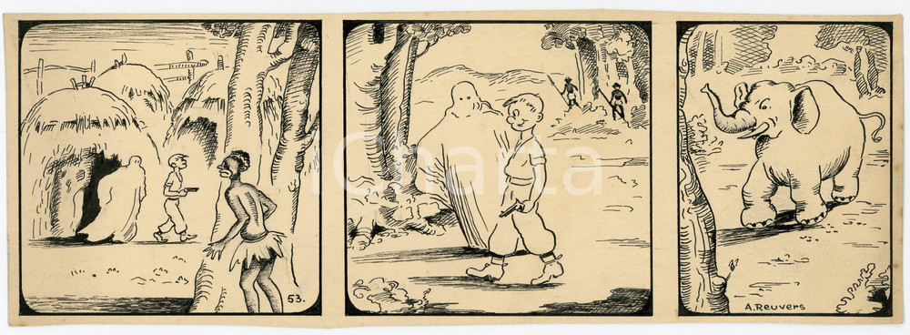 1940 DRUMPIE'S DOLLE ADVENTUREN Colonial comic strip 53 A. REUVERS Original art Striscia a fumetti d'epoca, originale e autentica. Disegno originale a china firmato A. Reuvers. EDITORE: Omnium PressCONDIZIONI: fairDIMENSIONI: 25x9 cm    originale e autentica 1