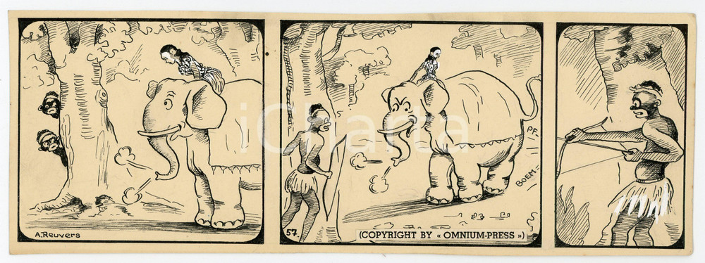 1940 DRUMPIE'S DOLLE ADVENTUREN Colonial comic strip 57 A. REUVERS Original art Striscia a fumetti d'epoca, originale e autentica. Disegno originale a china firmato A. Reuvers. EDITORE: Omnium PressCONDIZIONI:FAIRDIMENSIONI: 25x9 cm    originale e autentica 1