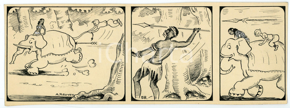 1940 DRUMPIE'S DOLLE ADVENTUREN Colonial comic strip 58 A. REUVERS Original art Striscia a fumetti d'epoca, originale e autentica. Disegno originale a china firmato A. Reuvers. EDITORE: Omnium PressCONDIZIONI:FAIRDIMENSIONI: 25x9 cm    originale e autentica 1