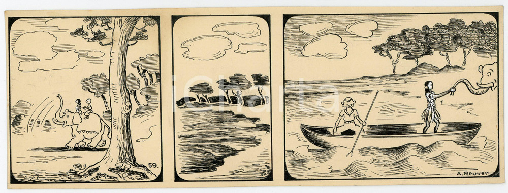1940 DRUMPIE'S DOLLE ADVENTUREN Colonial comic strip 59 A. REUVERS Original art Striscia a fumetti d'epoca, originale e autentica. Disegno originale a china firmato A. Reuvers. EDITORE: Omnium PressCONDIZIONI:FAIRDIMENSIONI: 25x9 cm    originale e autentica 1