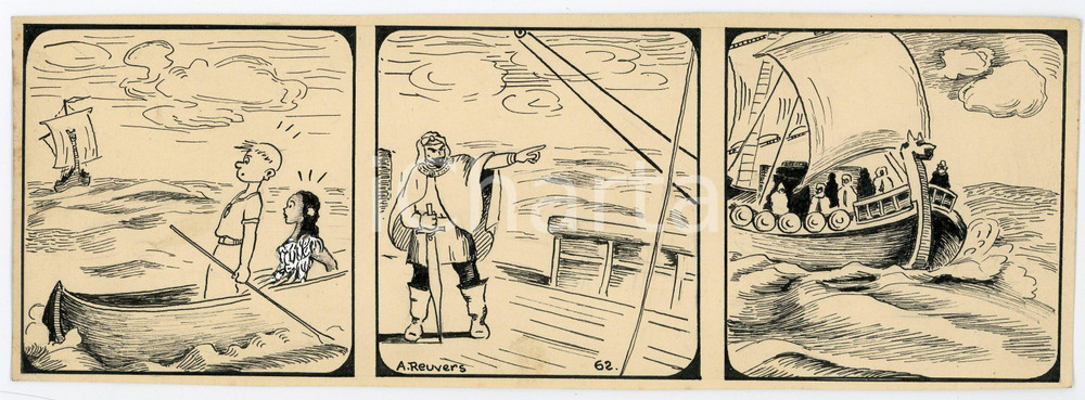 1940 DRUMPIE'S DOLLE ADVENTUREN Colonial comic strip 62 A. REUVERS Original art Striscia a fumetti d'epoca, originale e autentica. Disegno originale a china firmato A. Reuvers. EDITORE: Omnium PressCONDIZIONI:FAIRDIMENSIONI: 25x9 cm    originale e autentica 1