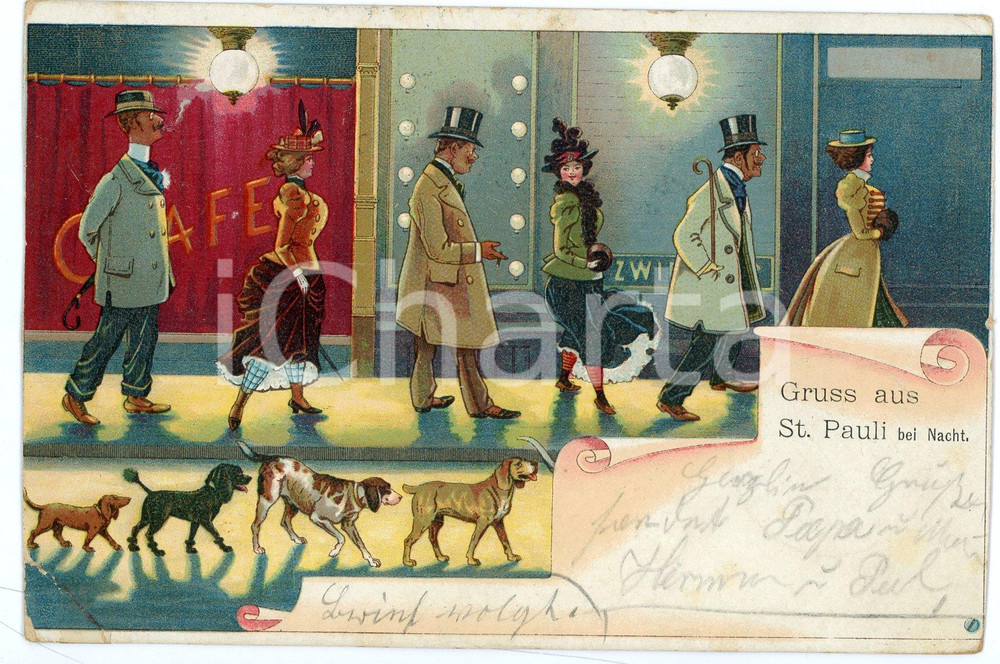 1908 HAMBURG - ST. PAULI bei nacht - People and dogs ILLUSTRATED Postcard FP NV  Cartolina postale d'epoca, viaggiata. POOR/danneggiato lievi smussature agli angoli, piegatura all'angolo inferiore sinistro, piccolo strappo al margine superiore Formato: FP originale e autentica 1