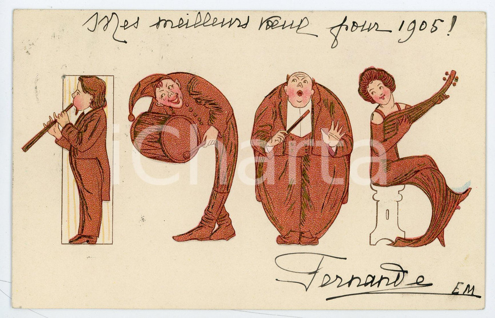 1905 BONNE ANNÉE Orchestra - Anthropomorphic date - Illustrated Postcard FP VG  Cartolina postale d'epoca, viaggiata. FAIR/discreto Lievi smussature agli angoli Formato: FP originale e autentica 1