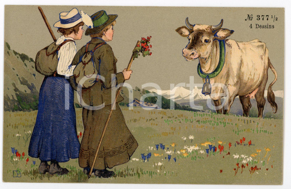 1920 ca AUSTRIA - HUMOUR Day trippers with a cow ILLUSTRATED Postcard FP NV  Cartolina postale d'epoca, non viaggiata. FAIR/discreto Smussature agli angoli Formato: FP originale e autentica 1