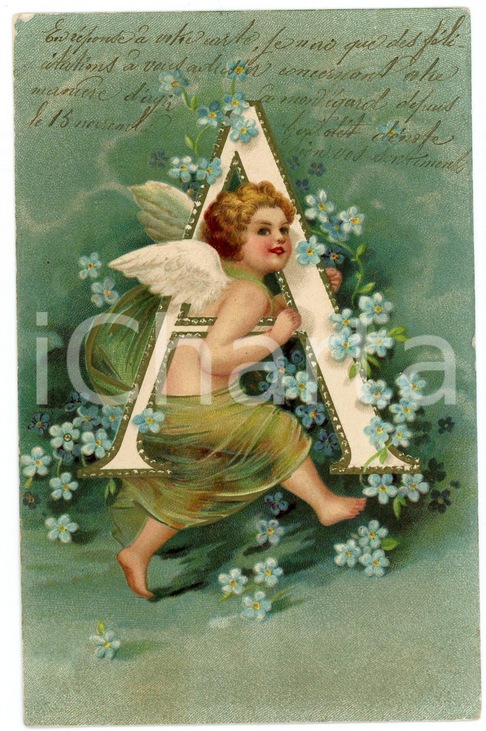 1905 ALPHABET Angel with letter A - ILLUSTRATED embossed postcard FP VG  Cartolina postale d'epoca, viaggiata. FAIR/discreto lievi smussature agli angoli Formato: FP originale e autentica 1