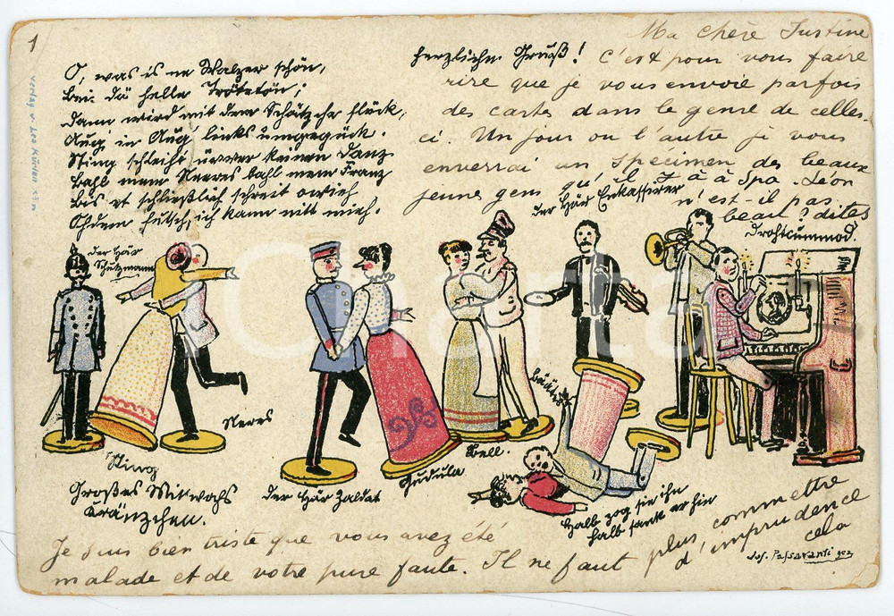 1900 ca BELGIUM - TOYS Puppet orchestra and puppet dancers ILLUSTRATED Postcard  Cartolina postale d'epoca, viaggiata. FAIR/discreto lievi smussature agli angoli Formato: FP originale e autentica 1