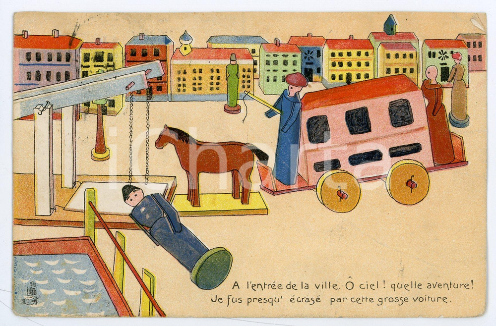 1907 JOUETS L'entrée de la ville - Carte postale ILLUSTRÉE FP NV Cartolina postale d'epoca, viaggiata. VERY POOR/gravemente danneggiato Piegature e smussature agli angoli, graffi al verso Formato: FP originale e autentica 1