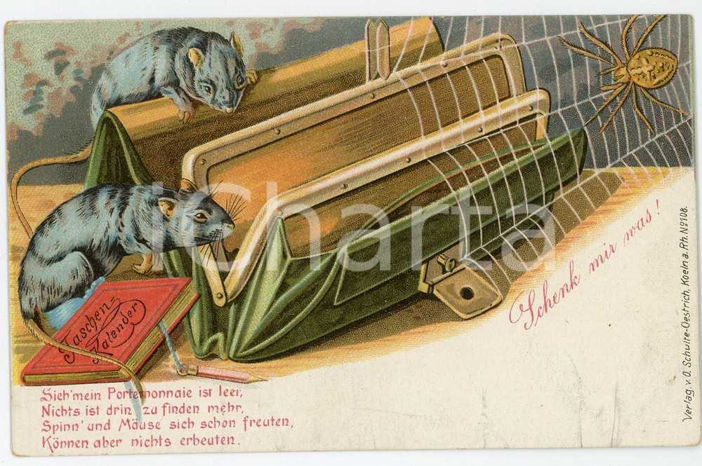 1900 ca GREETINGS Schenk mir was - Mice and an empty bag - ILLUSTRATED Postcard  Cartolina postale d'epoca, non viaggiata. FAIR/discreto smussature agli angoli e piegature al margine superiore Formato: FP originale e autentica 1