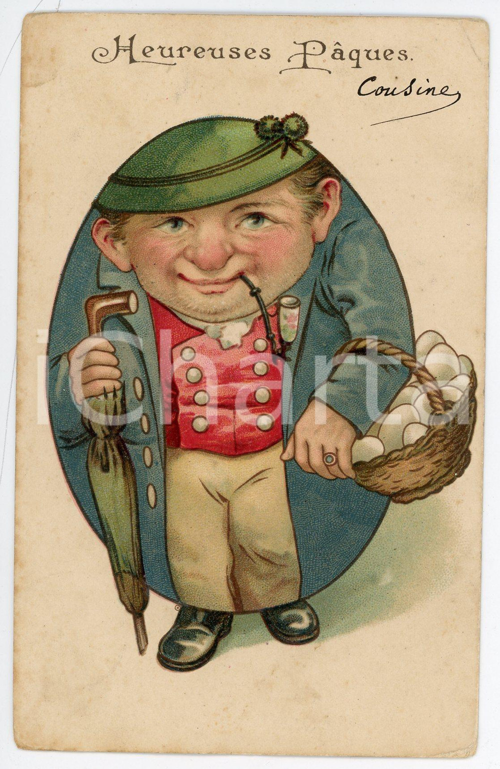 1908 JOYEUSES PÂQUES Egg man ILLUSTRATED embossed postcard FP VG  Cartolina postale d'epoca, viaggiata, con elementi in rilievo. FAIR/discreto Smussature agli angoli e lieve piegatura all'angolo inferiore destro Formato: FP originale e autentica 1