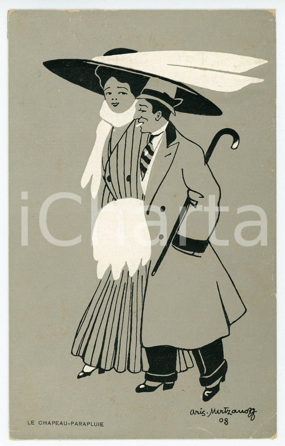 1908 FRANCE Le chapeu-parapluie - Illustration de Aris MERTZANOFF Carte postale Cartolina postale d'epoca, non viaggiata.CONDIZIONI: FAIR (nastro adesivo al verso in corrispondenza degli angoli)FORMATO: FP    originale e autentica 1