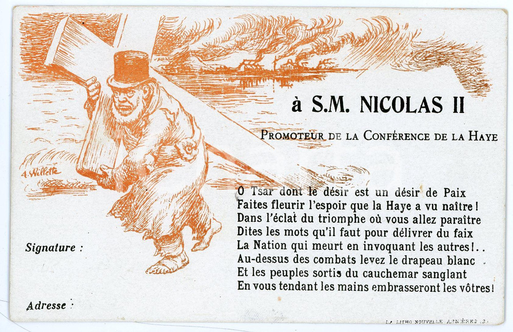 1899 SATIRE Première conférence de la Haye - Tsar Nicolas II de Russie *Postcard  Cartolina postale d'epoca, non viaggiata. FAIR/discreto Smussature agli angoli e lieve piegatura all'angolo inferiore destro Formato: FP originale e autentica 1