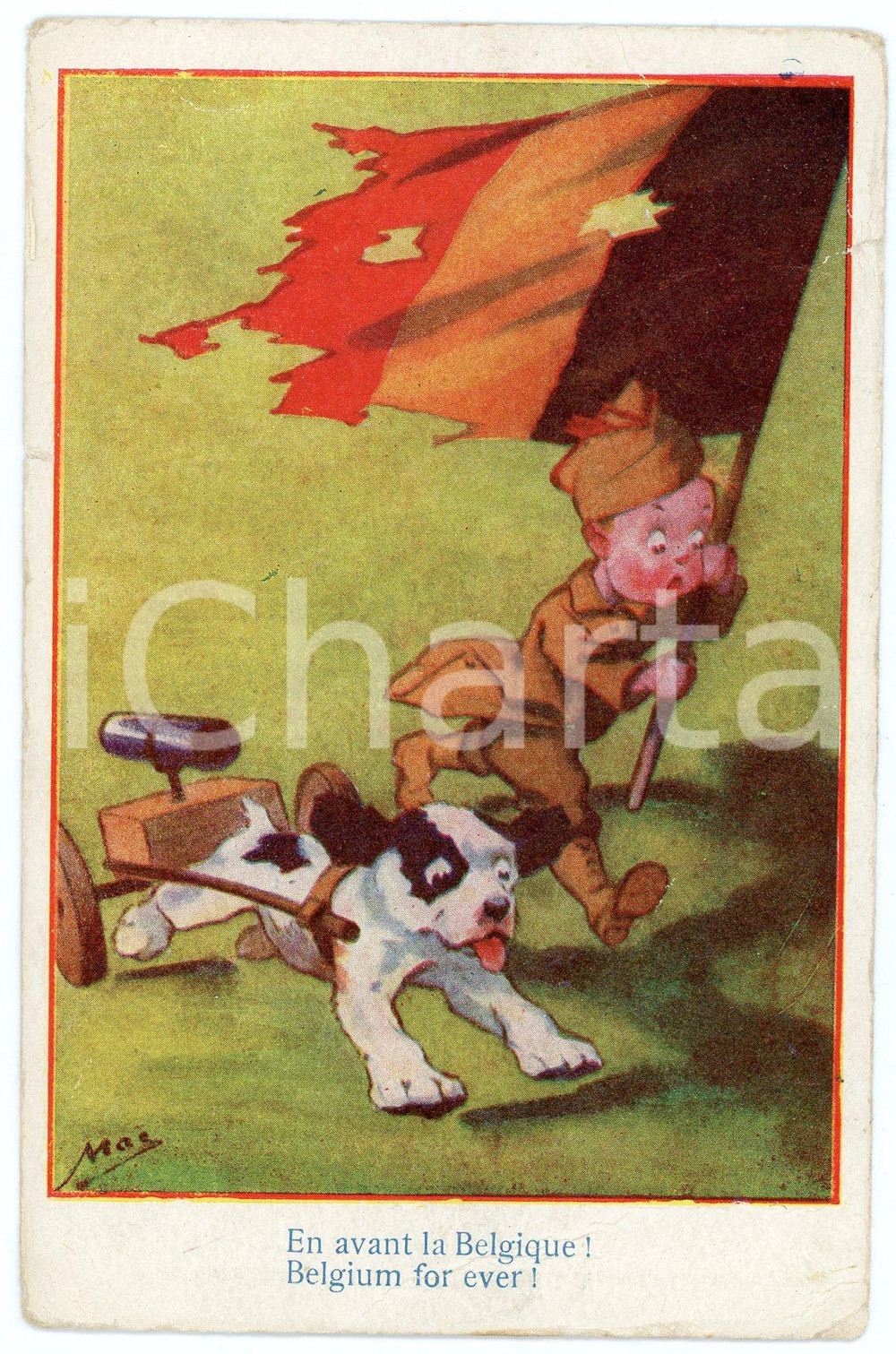 1917 WW1 - HUMOUR En avant la Belgique - Belgium forever ILLUSTRATED Postcard FP  Cartolina postale d'epoca, viaggiata. POOR/danneggiato Smussature agli angoli, carta lenta e strappi ai margini Formato: FP originale e autentica 1