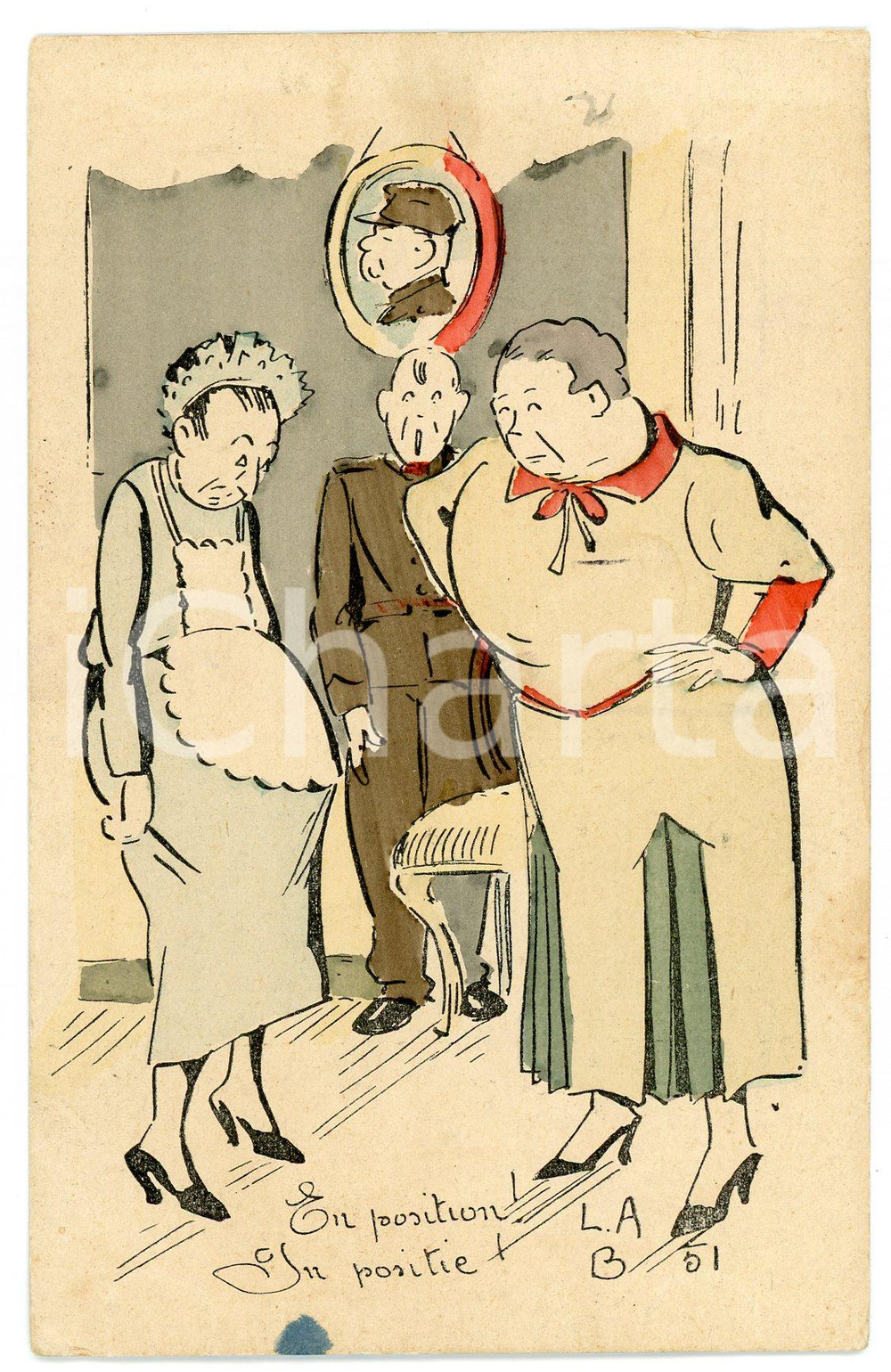 1935 BELGIUM - HUMOUR Pregnant maid - En position! ILLUSTRATED Postcard FP vg  Cartolina postale d'epoca, viaggiata. FAIR/discreto Lievi smussature e piegature agli angoli, macchia al margine inferiore Formato: FP originale e autentica 1