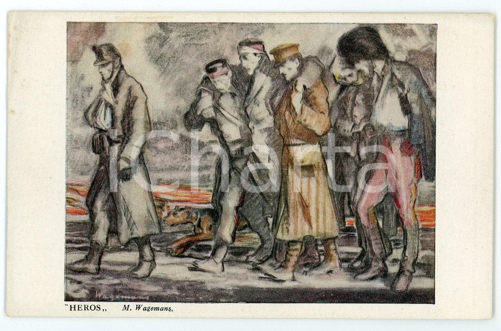 1915 ca WW1 Artist M. WAGEMANS Heros - Asiles des soldats invalides  Postcard  Cartolina d'epoca,non  viaggiata. POOR/danneggiato smussature agli angoli, piegatura all'angolo superiore sinistro Formato: FP originale e autentica 1