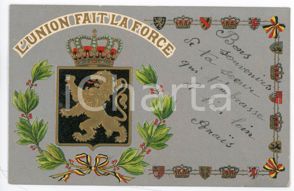 1927 BELGIUM Coat of arms - L'union fait la force - Embossed postcard FP NV  Cartolina postale d'epoca, non viaggiata. FAIR/discreto Lievi smussature agli angoli Formato: FP originale e autentica 1