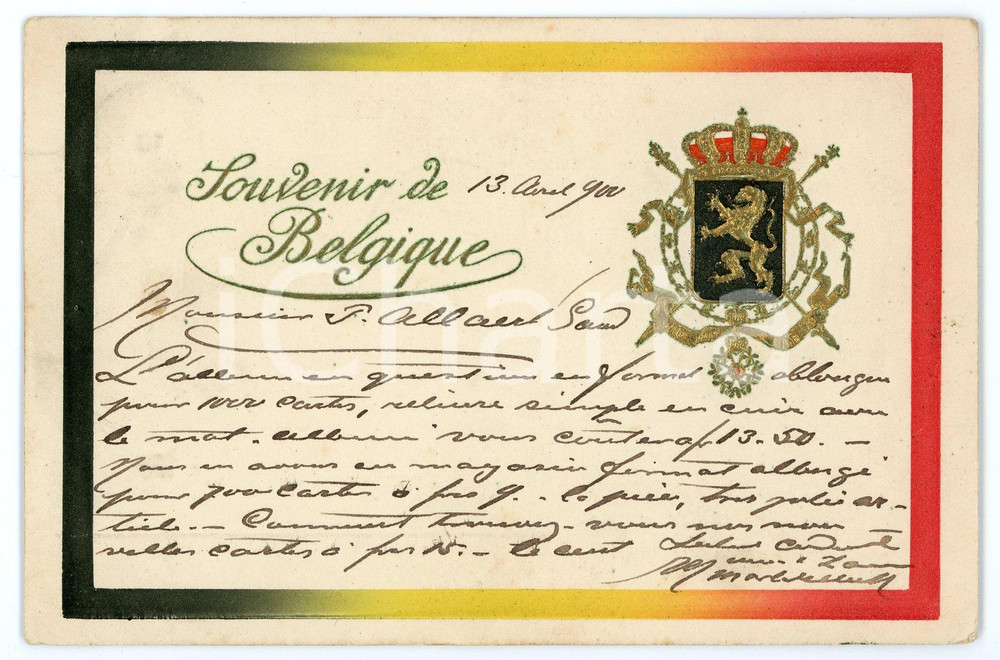 1900 Souvenir de BELGIQUE Armoiries de la Belgique ILLUSTRATED embossed postcard  Cartolina postale d'epoca, viaggiata. FAIR/discreto smussature agli angoli Formato: FP originale e autentica 1