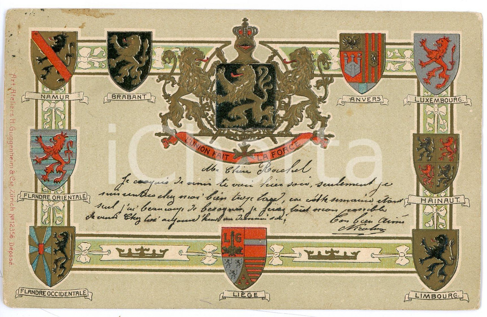 1905 BELGIUM Coat of arms - L'union fait la force - Embossed postcard FP NV  Cartolina postale d'epoca,  viaggiata. FAIR/discreto Lievi smussature agli angoli Formato: FP originale e autentica 1