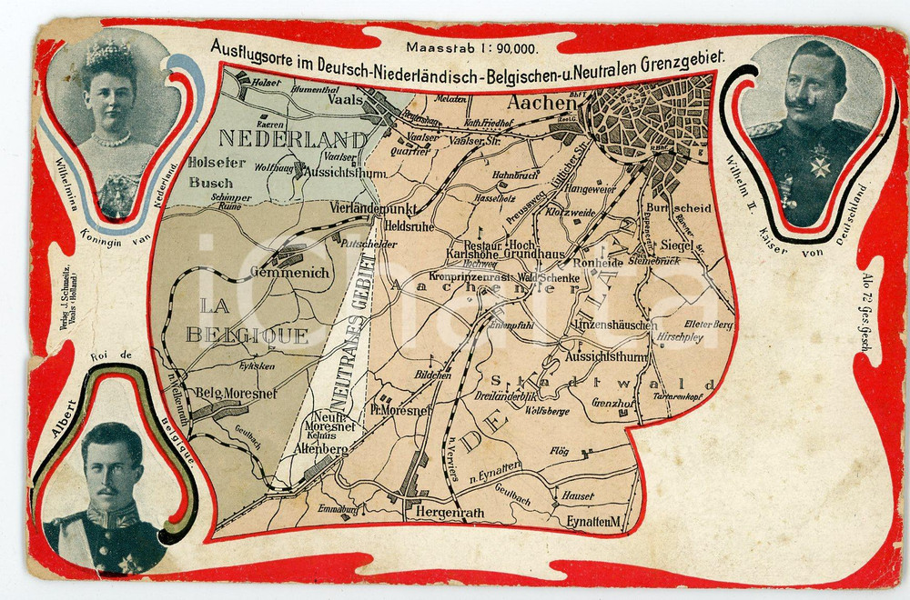 1910 ca NEUTRALEN GRENZGEBIET Albert du Belgique - Wilhelm II - Postcard FP NV  Cartolina postale, non viaggiata. POOR/danneggiato Smussature e piegature agli angoli, sbrecciature e gualciture diffuse Formato: FP originale e autentica 1