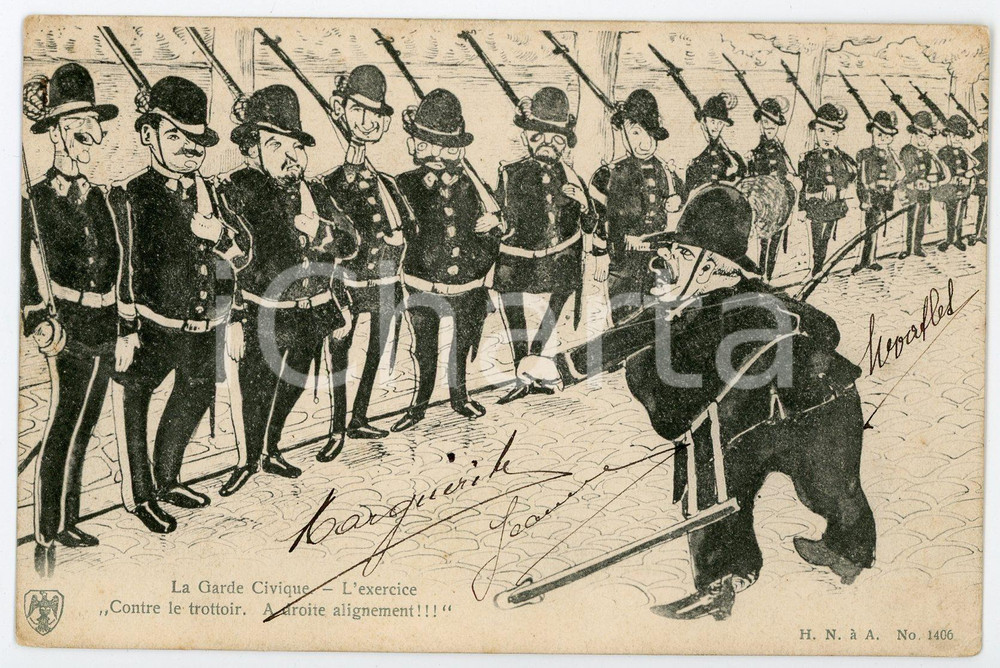1900 ca BELGIQUE - SATIRE Garde civique - L'exercise - Carte postale ILLUSTRÉE  Cartolina d'epoca, viaggiata. FAIR/discreto smussature agli angoli Formato: FP originale e autentica 1
