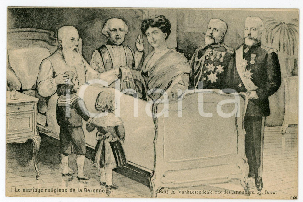 1910 ca BELGIQUE - SATIRE Le mariage religieux de la Baronne - Carte postale FP  Cartolina d'epoca, non viaggiata. POOR/danneggiato Lievi Smussature agli angoli, piegatura all'angolo superiore sinistro Formato: FP originale e autentica 1